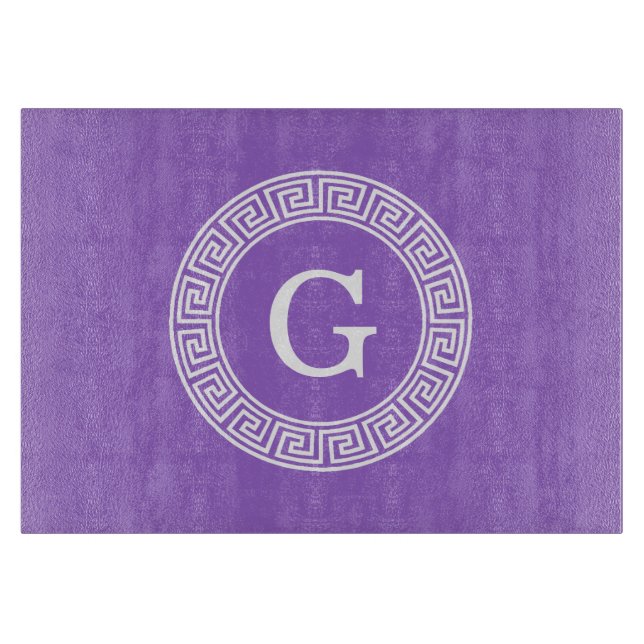 Amethyst Wht Greek Key Rnd Frame Initial Monogram Cutting Board (Front)