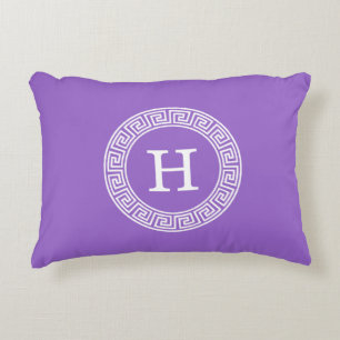 Amethyst Wht Greek Key Rnd Frame Initial Monogram Decorative Pillow