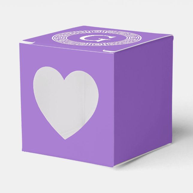 Amethyst Wht Greek Key Rnd Frame Initial Monogram Favor Box (Front Side)