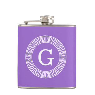 Amethyst Wht Greek Key Rnd Frame Initial Monogram Hip Flask
