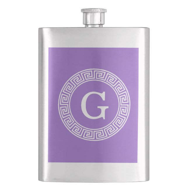 Amethyst Wht Greek Key Rnd Frame Initial Monogram Hip Flask (Front)