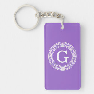Amethyst Wht Greek Key Rnd Frame Initial Monogram Keychain