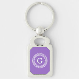 Amethyst Wht Greek Key Rnd Frame Initial Monogram Keychain