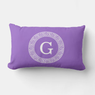 Amethyst Wht Greek Key Rnd Frame Initial Monogram Lumbar Pillow