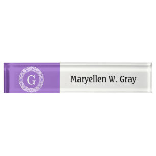 Amethyst Wht Greek Key Rnd Frame Initial Monogram Nameplate