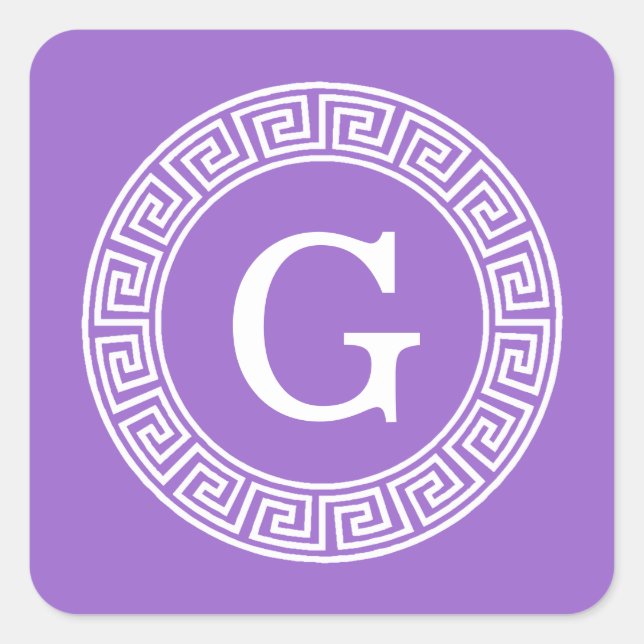Amethyst Wht Greek Key Rnd Frame Initial Monogram Square Sticker (Front)