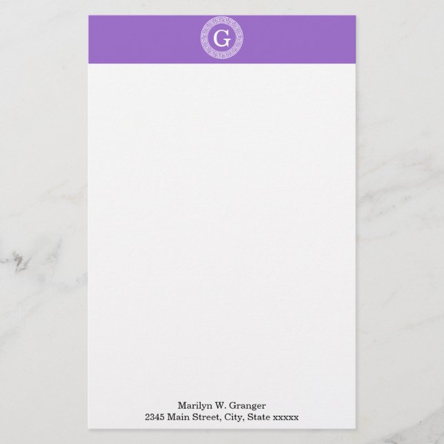 Amethyst Wht Greek Key Rnd Frame Initial Monogram Stationery (Front)