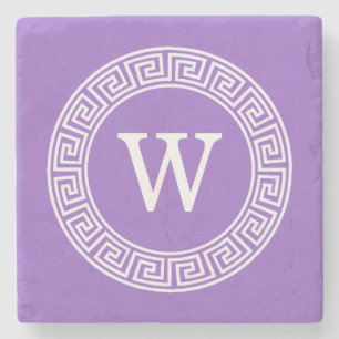 Amethyst Wht Greek Key Rnd Frame Initial Monogram Stone Coaster