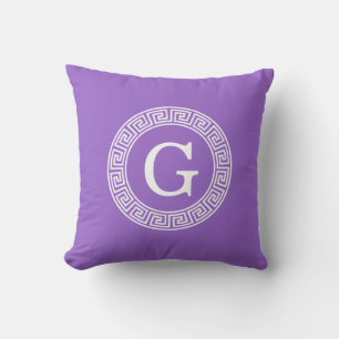 Amethyst Wht Greek Key Rnd Frame Initial Monogram Throw Pillow