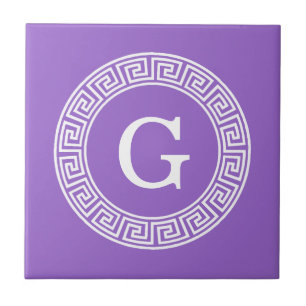 Amethyst Wht Greek Key Rnd Frame Initial Monogram Tile