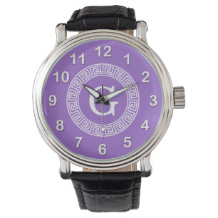 Amethyst Wht Greek Key Rnd Frame Initial Monogram Watch