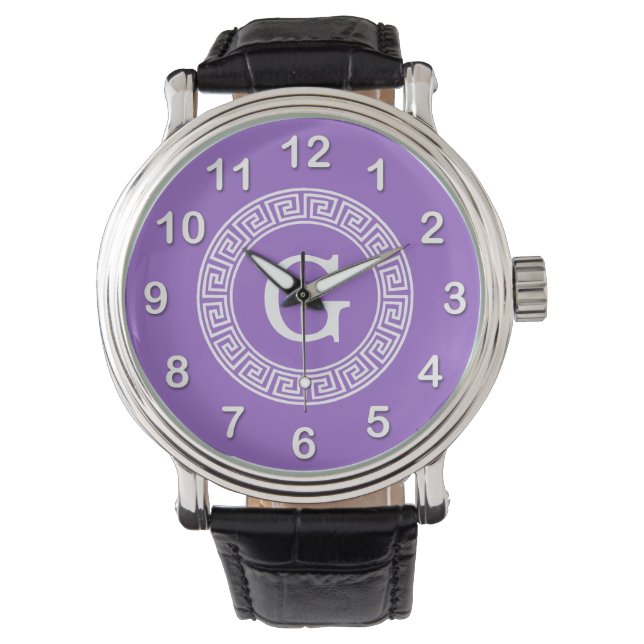 Amethyst Wht Greek Key Rnd Frame Initial Monogram Watch (Front)