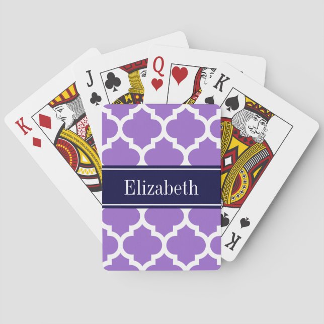 Amethyst Wht Moroccan #5 Navy Blue Name Monogram Playing Cards (Back)