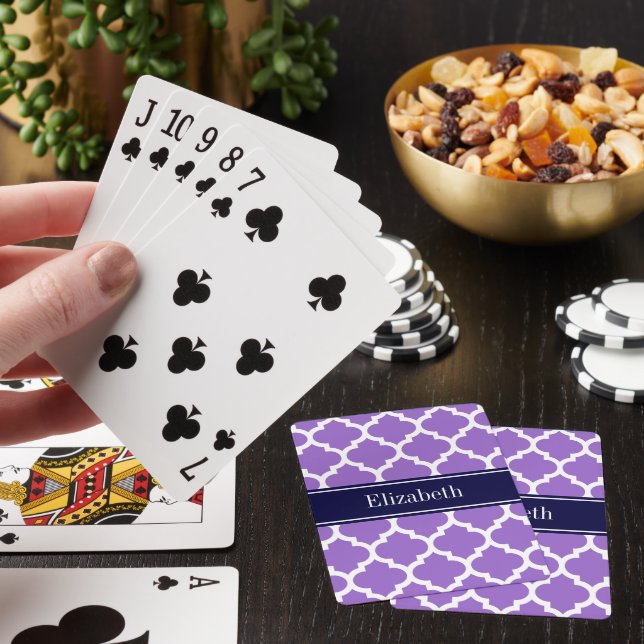 Amethyst Wht Moroccan #5 Navy Blue Name Monogram Playing Cards (In Situ)