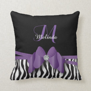 Amethyst Zebra Striped Bowed Personalized Throw Pillow