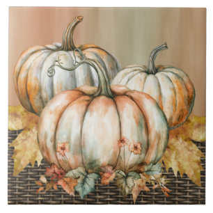 Amiable Orange, White and Green Watercolor Pumpkin Tile