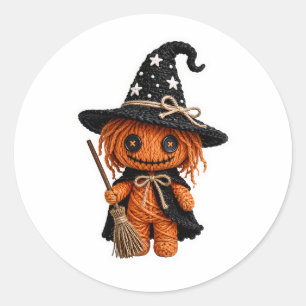 Amigurumi Style Stitched Pumpkin Witch with Broom  Classic Round Sticker