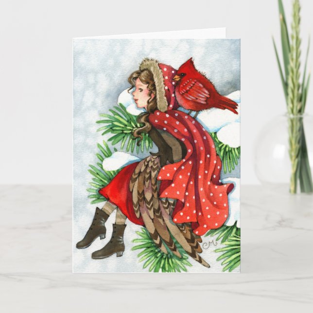 Amis d'hiver - carte de voeux cardinale de fille (Devant)