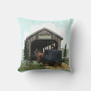 Amish Covered Bridge Throw Pillow