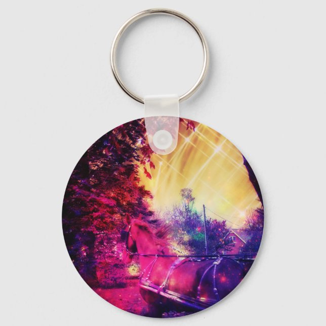 Amish Horse and Buggy Trippy Colourful Digital Art Keychain (Front)