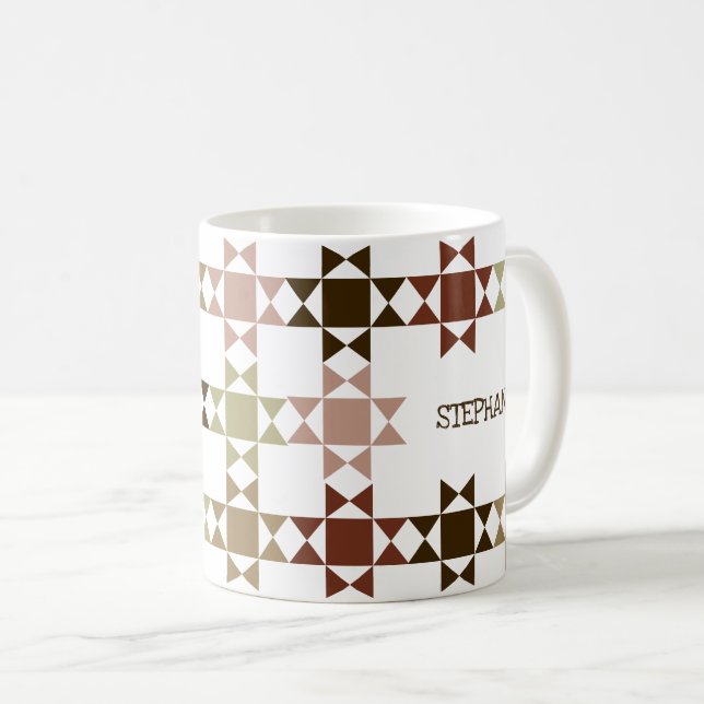 Amish Quilt Neutral Colours Personalized Coffee Mug (Front Right)
