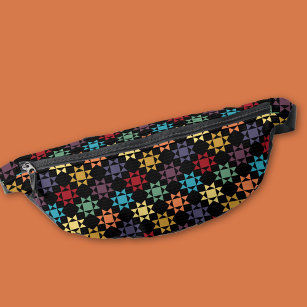 Amish Quilt Print Bright Colours on Black Patterne Fanny Pack