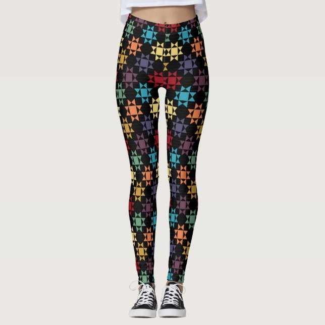 Amish Quilt Print Bright Colours on Black Patterne Leggings (Front)