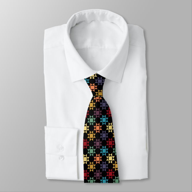 Amish Quilt Print Bright Colours on Black Patterne Tie (Tied)
