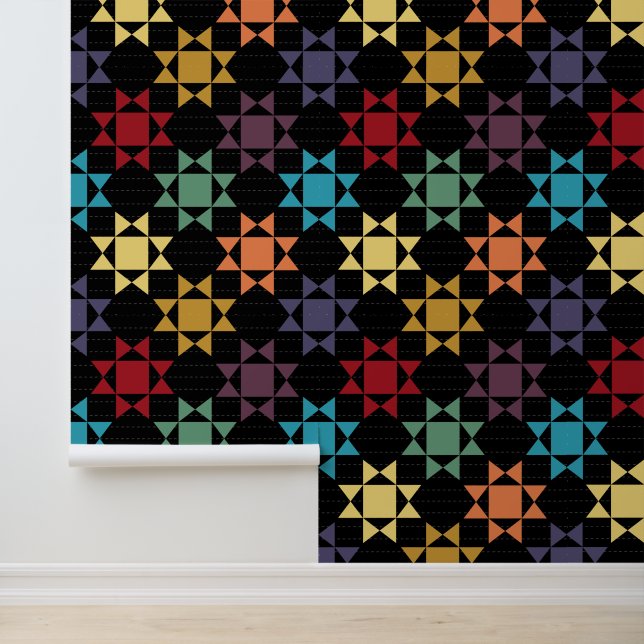 Amish Quilt Print Bright Colours on Black Wallpaper (Application)
