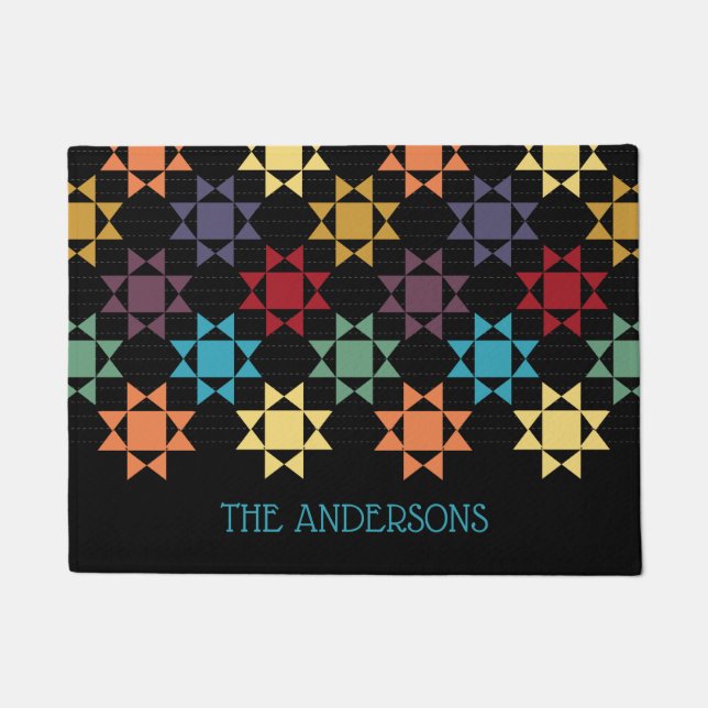 Amish Quilt Print Bright Colours Personalized Doormat (Front)