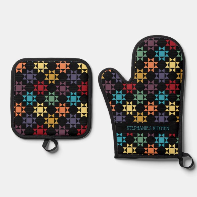 Amish Quilt Print Bright Colours Personalized Oven Mitt & Pot Holder Set (Front)