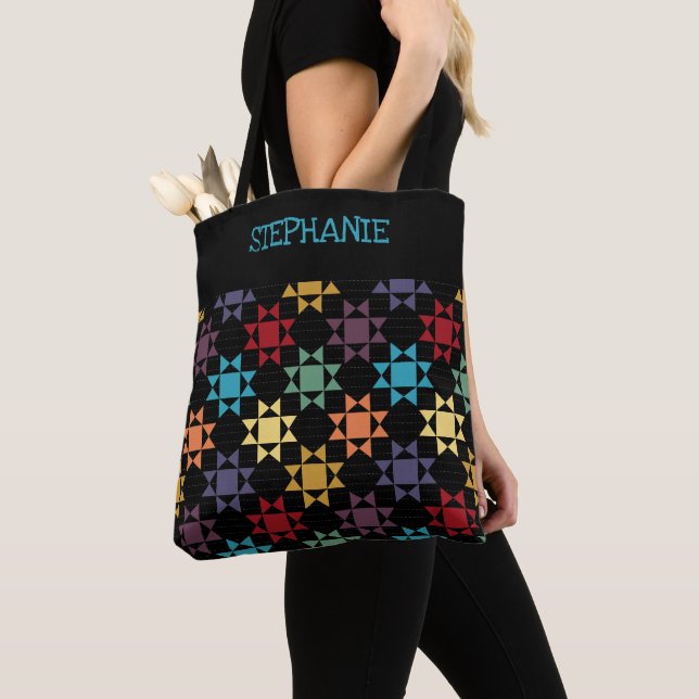 Amish Quilt Print Bright Colours Personalized Tote Bag (Close Up)