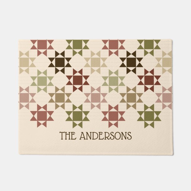 Amish Quilt Print Neutral Colours Personalized Doormat (Front)