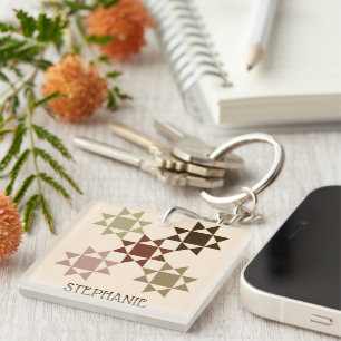 Amish Quilt Print Neutral Colours Personalized Keychain