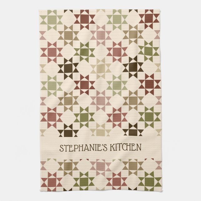 Amish Quilt Print Neutral Colours Personalized Kitchen Towel (Vertical)
