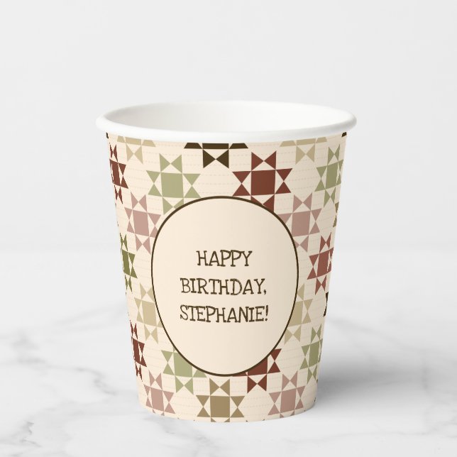 Amish Quilt Print Neutral Colours Personalized Paper Cups (Front)