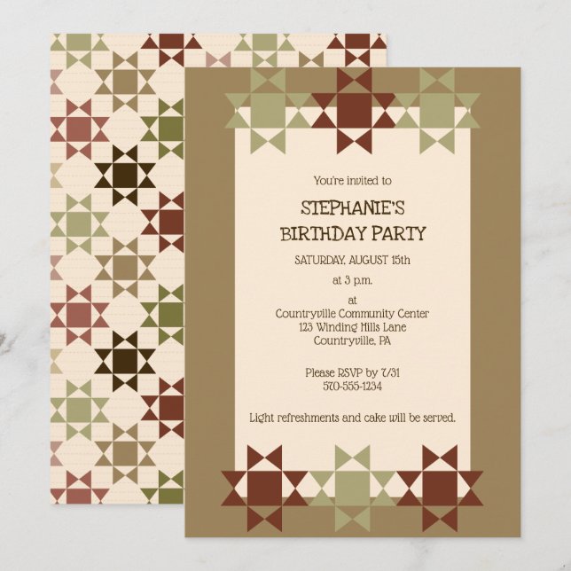 Amish Quilt Print Quilting Themed Custom Party Inv Invitation (Front/Back)