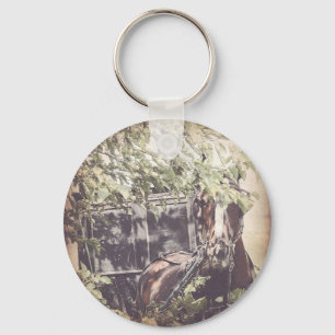 amish Waiting Horse under a shade tree Keychain