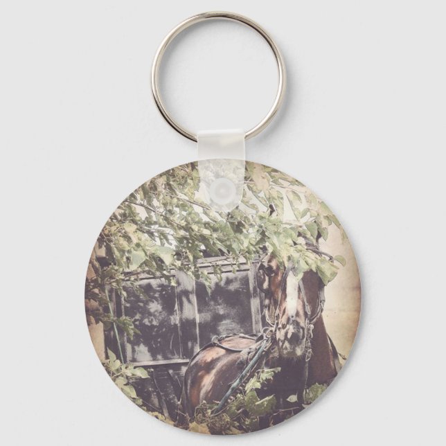 amish Waiting Horse under a shade tree Keychain (Front)