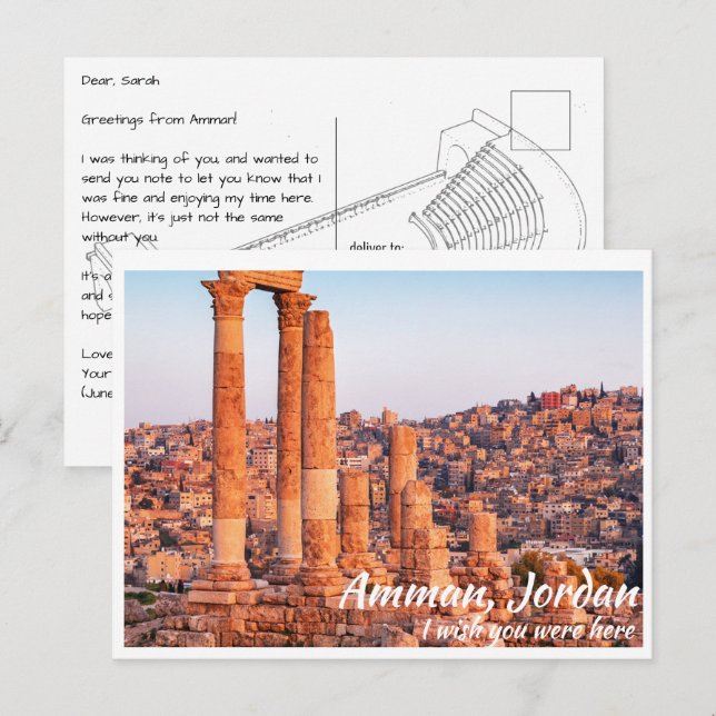 Amman Jordan avec carte postale Citadel (Devant / Derrière)