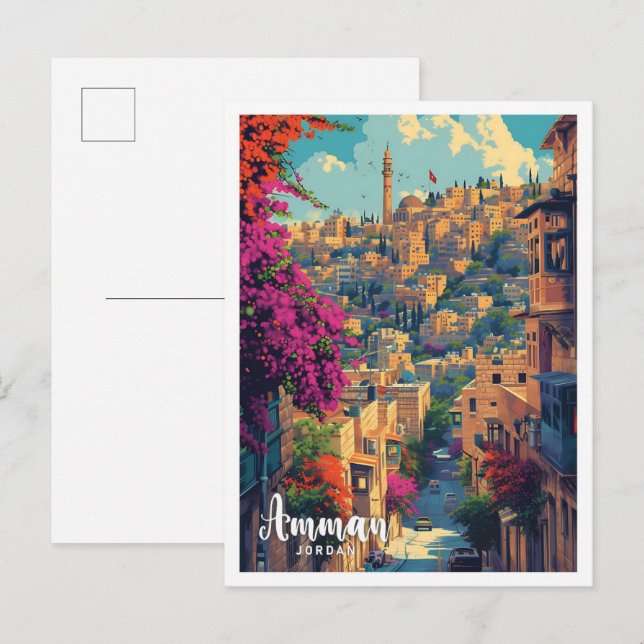 Amman Jordan Vintage Art Travel Illustration Postcard (Front/Back)