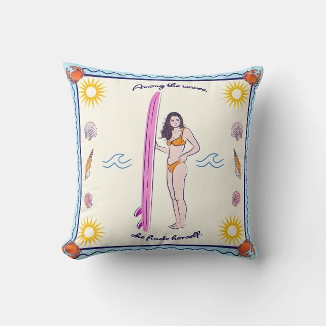 Among the waves, she finds herself. throw pillow (Front)