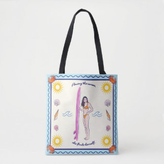 Among the waves, she finds herself. tote bag