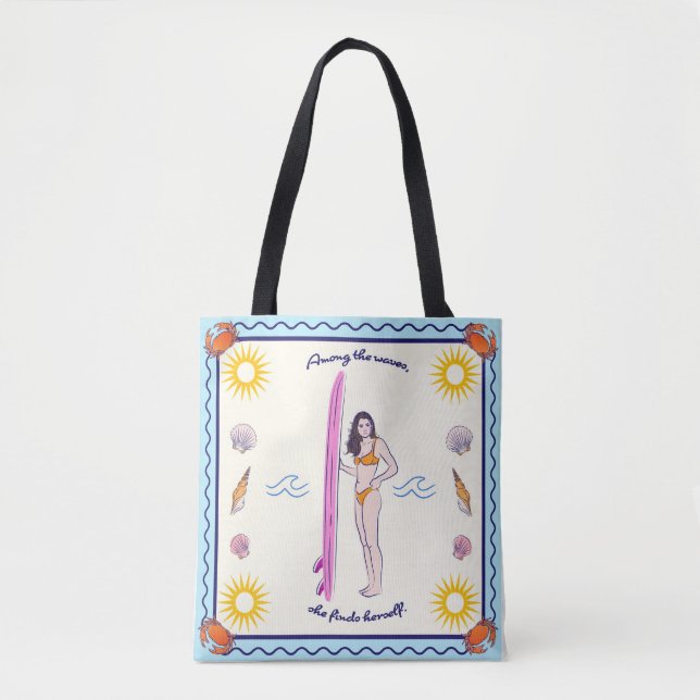Among the waves, she finds herself. tote bag (Front)