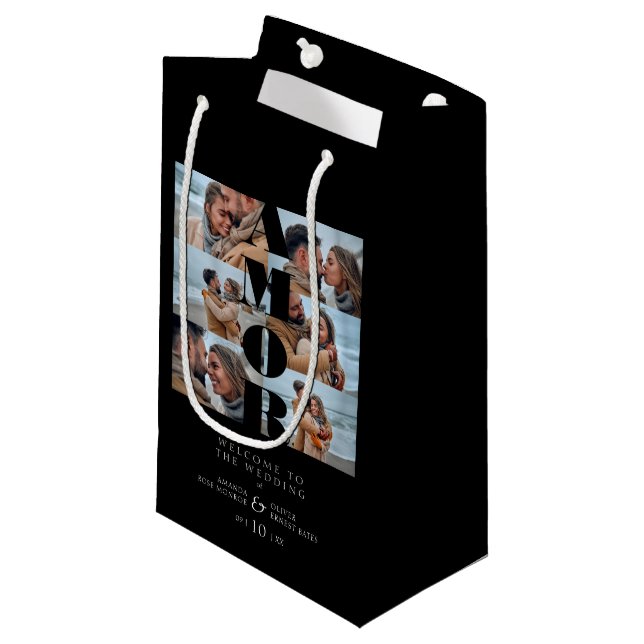 AMOR Quote Black Collage Welcome Wedding 6 Photos Small Gift Bag (Front Angled)