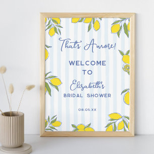 Amore Hand Drawn Lemons Blue Stripes Bridal Shower Poster