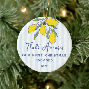 Amore Hand Drawn Lemons Blue Stripes Engagement Ceramic Ornament