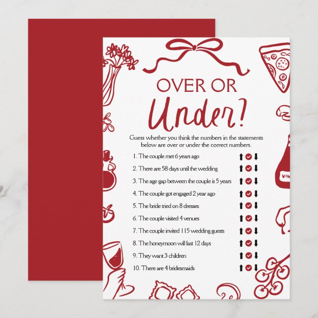 Amore Hand Drawn Over or Under Bridal Shower Game Invitation (Front/Back)