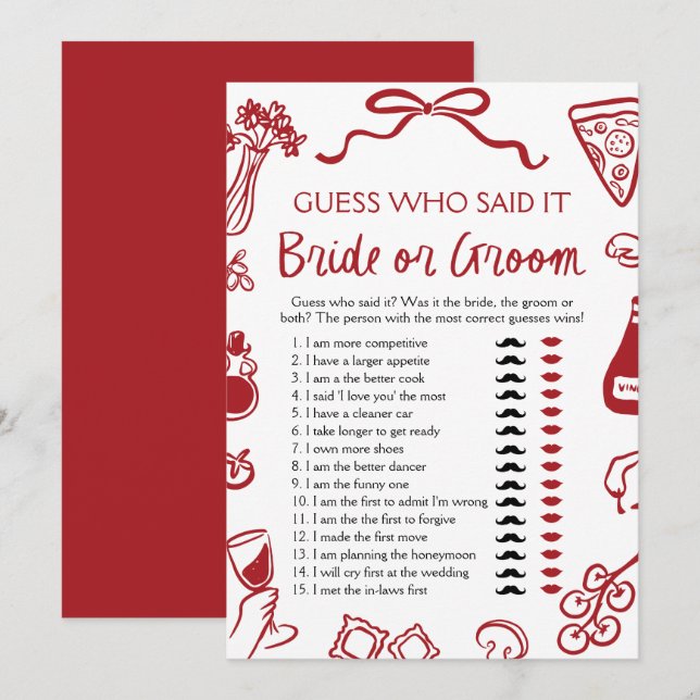 Amore Italian Bride or Groom Bridal Shower Game Invitation (Front/Back)