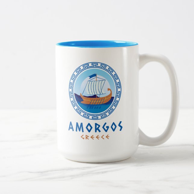 Amorgos, Greece Greek Ship Design Two-Tone Coffee Mug (Right)